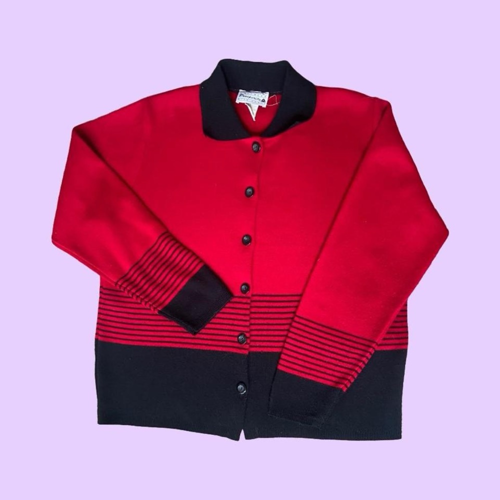 Vintage 80s Red and Black Striped Knit Cardigan 🔥